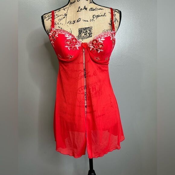 4/$25 Red floral mesh sheer negligée lingerie size 38 B sexy feminine romantic - Picture 5 of 7